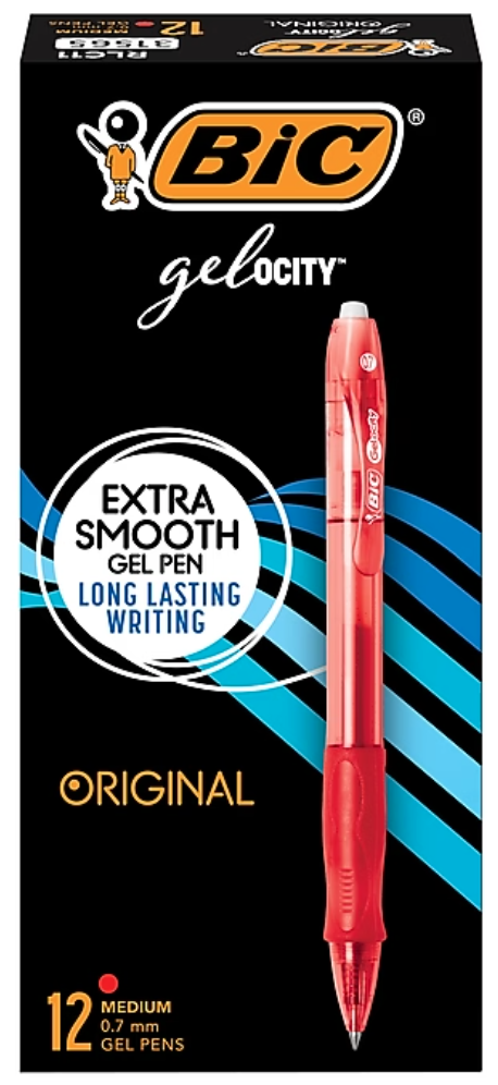 PENS, GEL, RETRACTABLE, BIC, MEDIUM POINT, 0.7MM, RED INK, 12/CT THUMBNAIL